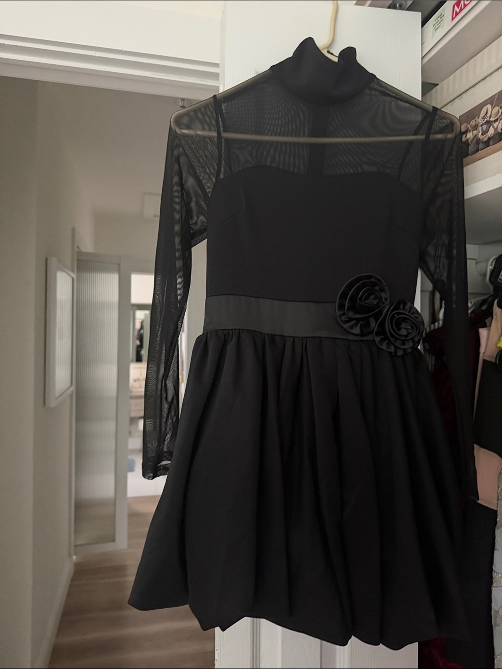 Black Long-Sleeve Mesh Fit-and-Flare Dress with Floral Waist Detail